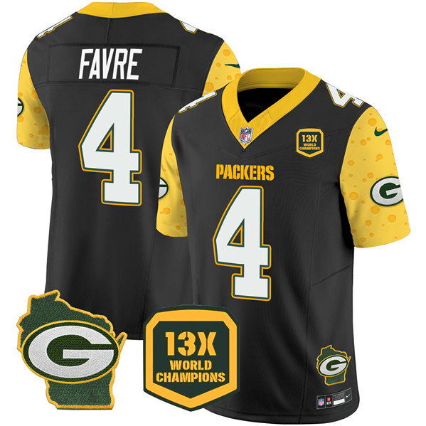 Men's Green Bay Packers #4 Brett Favre Cheese Black 2024 F.U.S.E. 13 Time World Champions And Home Patch Vapor Untouchable Limited Stitched Football Jersey